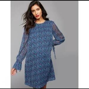 A Pea In The Pod Micro Floral Blue Poet Sleeve Modest Maternity Shift Dress